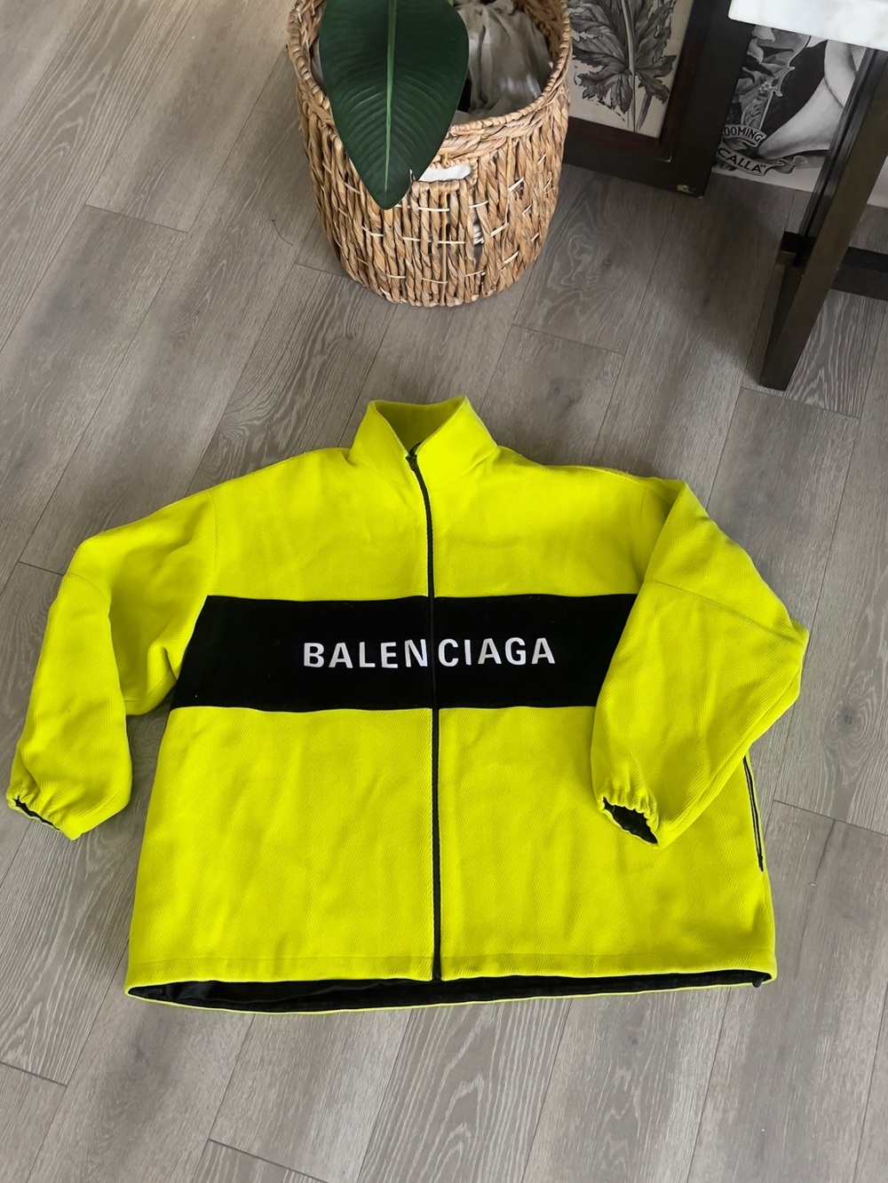 Balenciaga Men’s Neon Yellow Performance Fleece Jacket with Black Chest Band